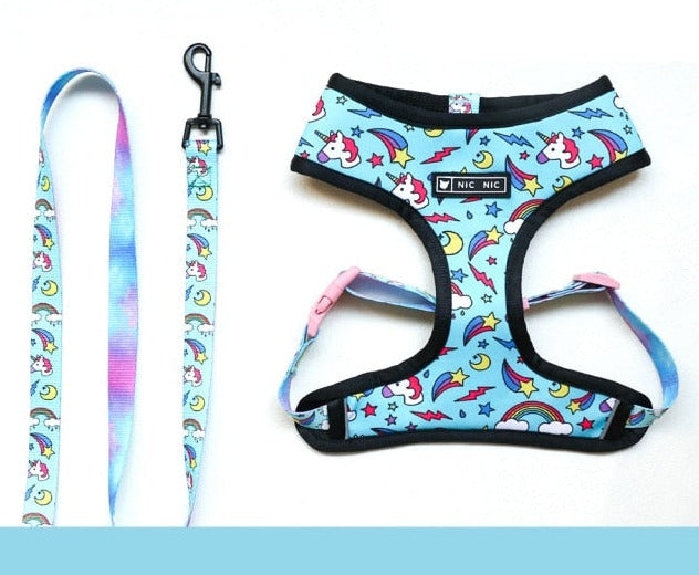 Buntes Einhorn Geschirr und Leine Set - Rosa oder Blau - die Beste Halsbänder & Geschirre bei The Masked Frenchie - Nur €29.99!