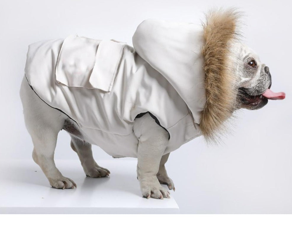 Fashionista Schneeanzug mit Faux-Fur Kapuze - die Beste Hundebekleidung bei The Masked Frenchie - Nur €60.99!